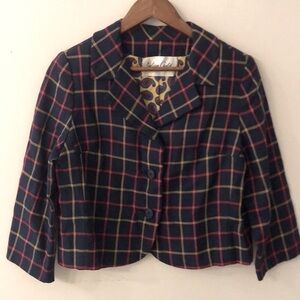 Julian Gold Plaid & Paisley preppy collegiate cropped blazer V neck button up M